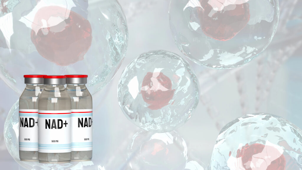 NAD+ supplement vials with molecular background.