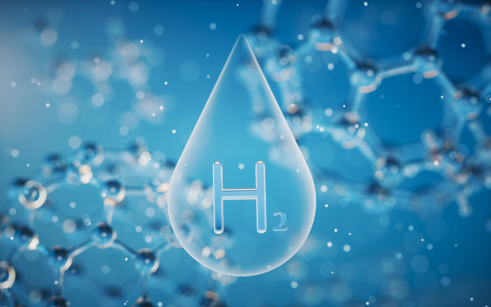 3D rendering of hydrogen molecule with blue background.