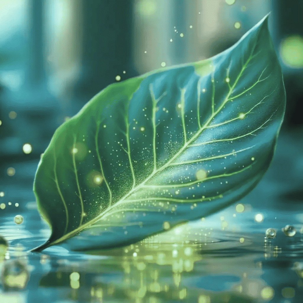 Leaf floating on water with glowing particles